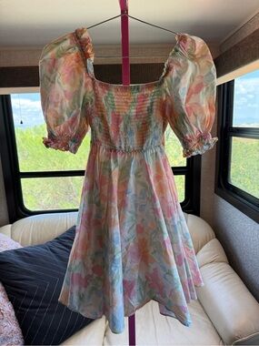 Selkie Watercolor Maria Floral Puff Sleeve Smocked Cotton Mini Dress XS Romance